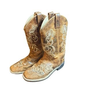 Girls Distressed Brown Leather Floral Embroidered Western Cowboy Boots 5 D Wide